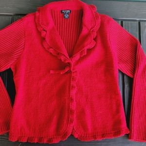 CLOTHES BY REVUE RED CARDIGAN XL 100%WOOL RUFFLES TRIM